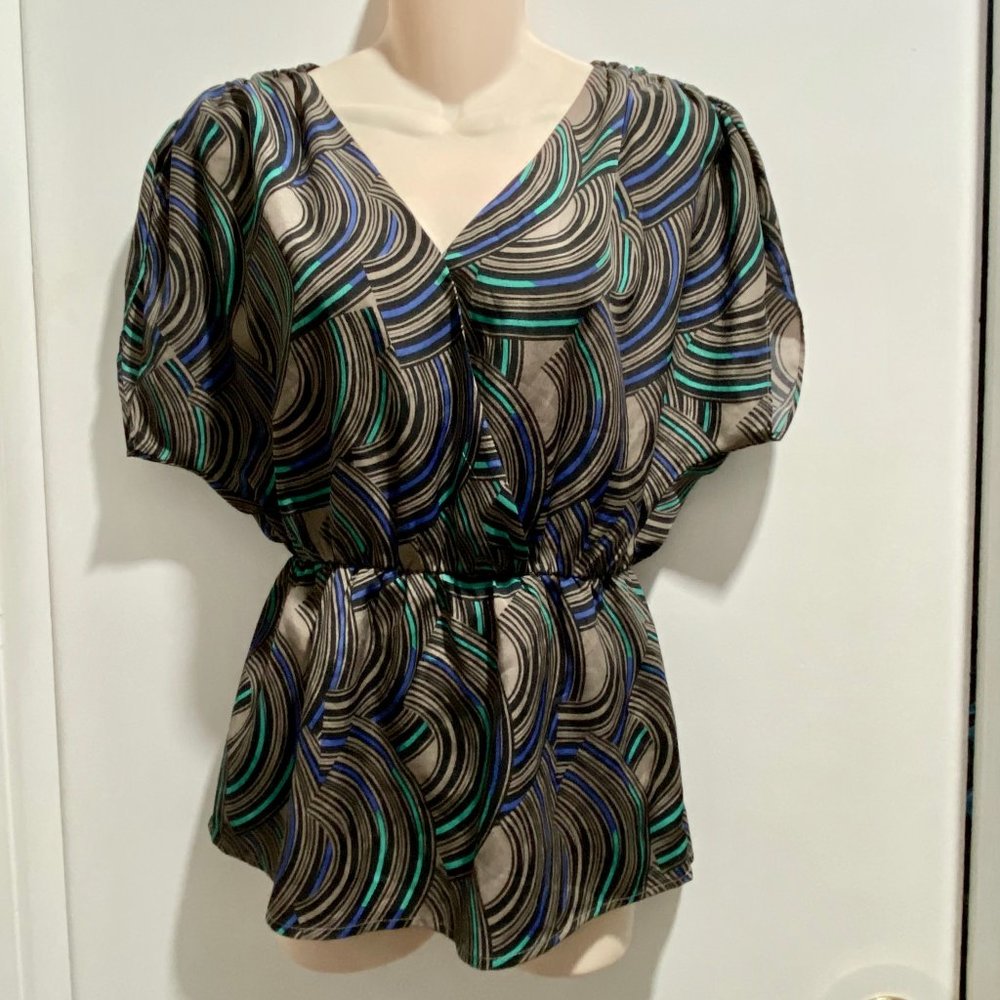 (6) Banana Republic Office Ruched Shoulder Puff Sleeve Faux Wrap Geometr…